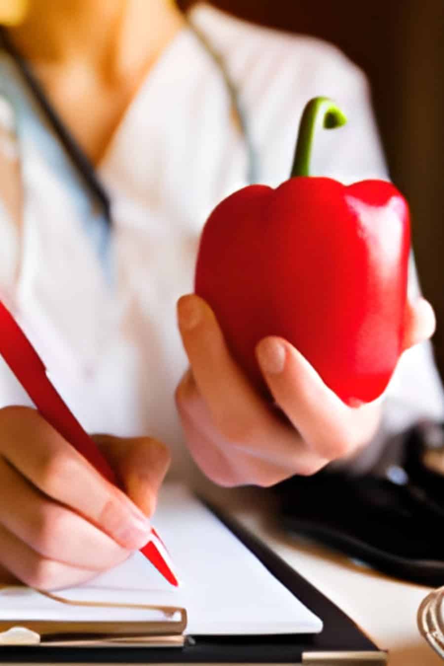 Doctor showing a bell pepper while writing