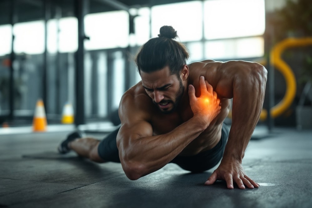 atleta estirando en gimnasio con enfoque en lesion de hombro