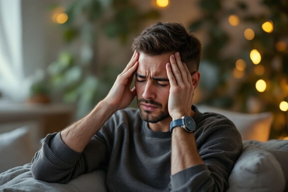 hombre con dolor de cabeza tocandose las sienes en un sofa en casa