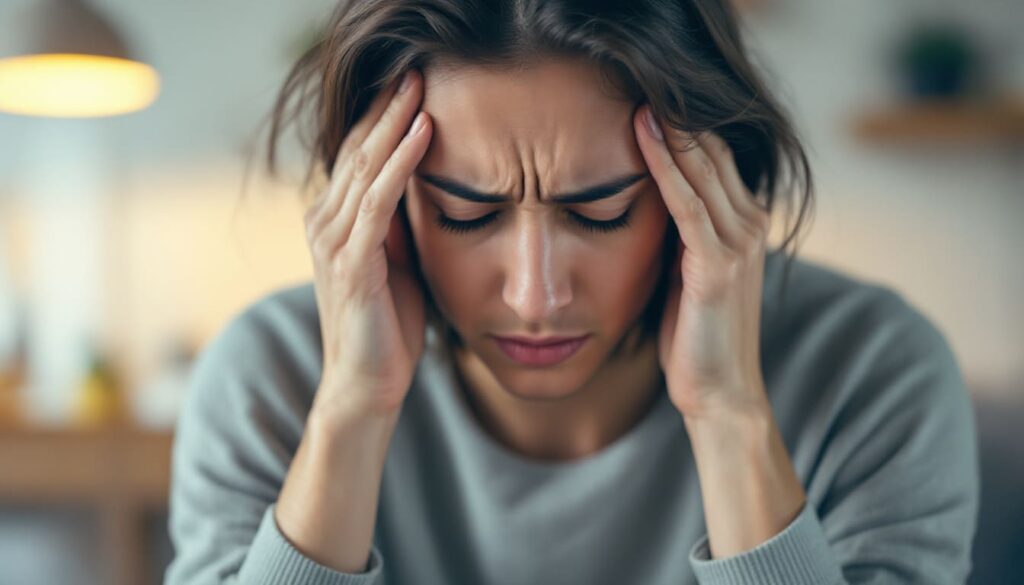 mujer con expresion de migrana tomandose la cabeza con ambiente difuso