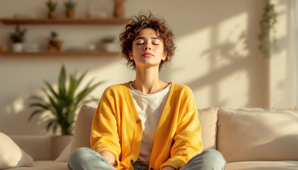 mujer joven practicando meditacion en un espacio relajante y luminoso