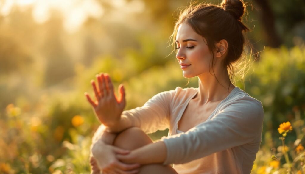 mujer practicando meditacion al aire libre en un entorno natural al atardecer