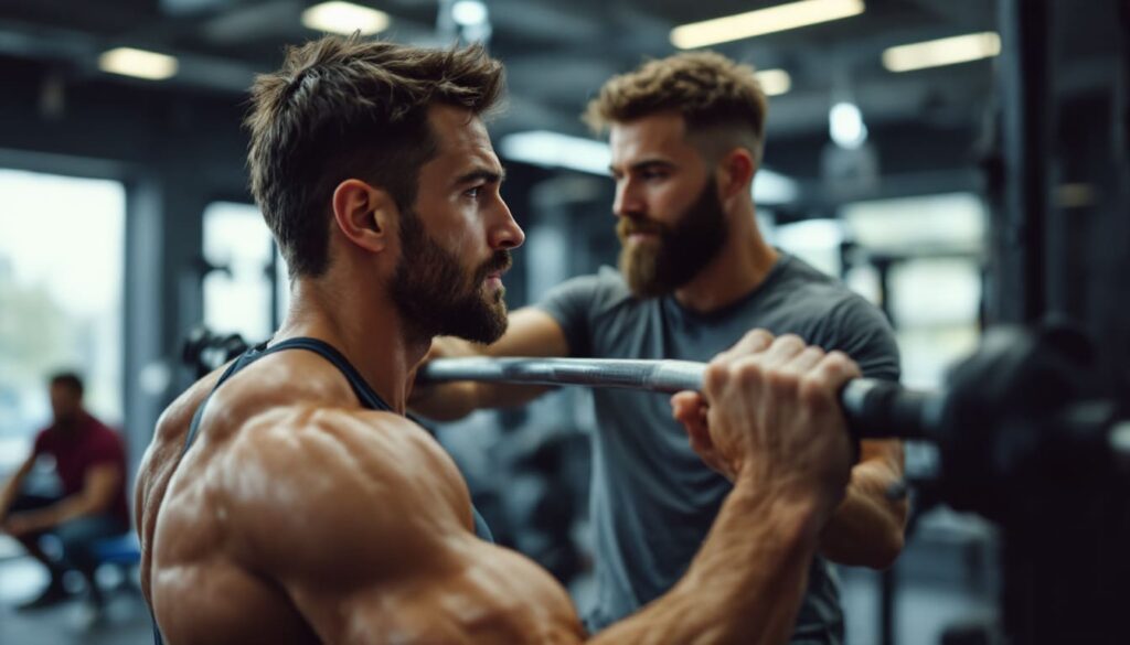 hombre entrenando con barra en gimnasio con instructor en fondo