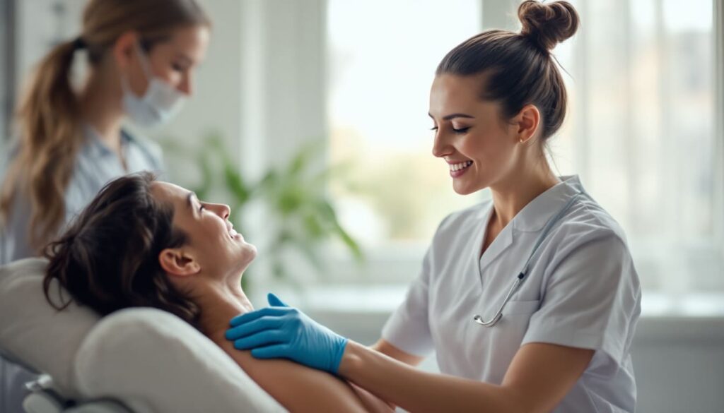 mujer sonriendo en consulta odontologica con profesional de salud en clinica