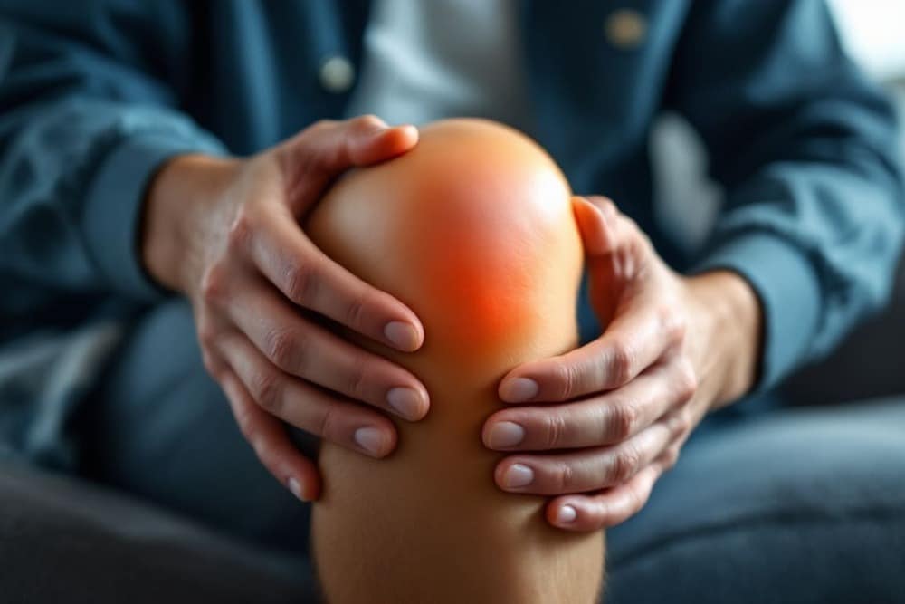 persona con dolor de rodilla sujetando articulacion con dos manos en sofa