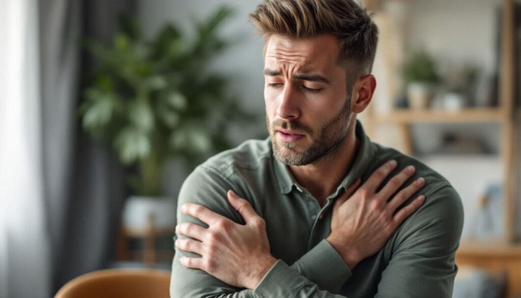 hombre sujetando hombros con rostro de dolor o molestia en interior con planta decorativa