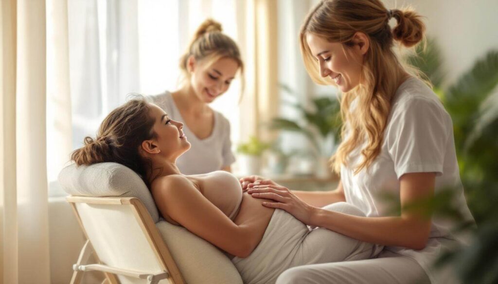 manos de fisioterapeuta sobre mujer