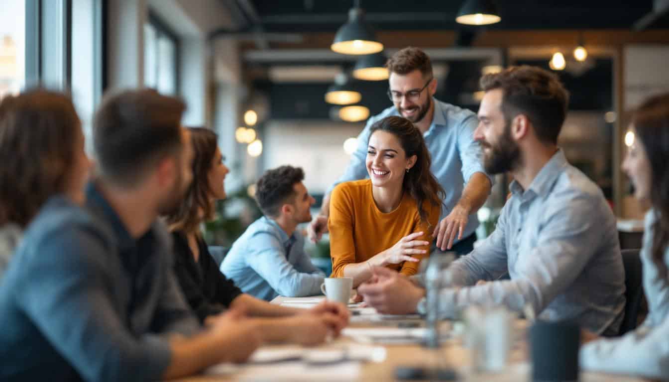 A photograph of a professional physiotherapist engaging with employees in a modern office setting in palma de mallorca