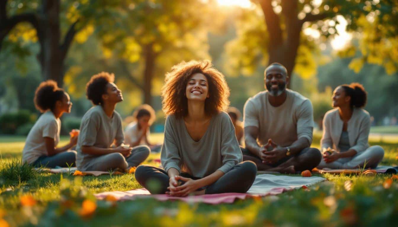 A photograph of a serene and uplifting scene featuring a diverse group of people engaging in various post-covid wellness activities