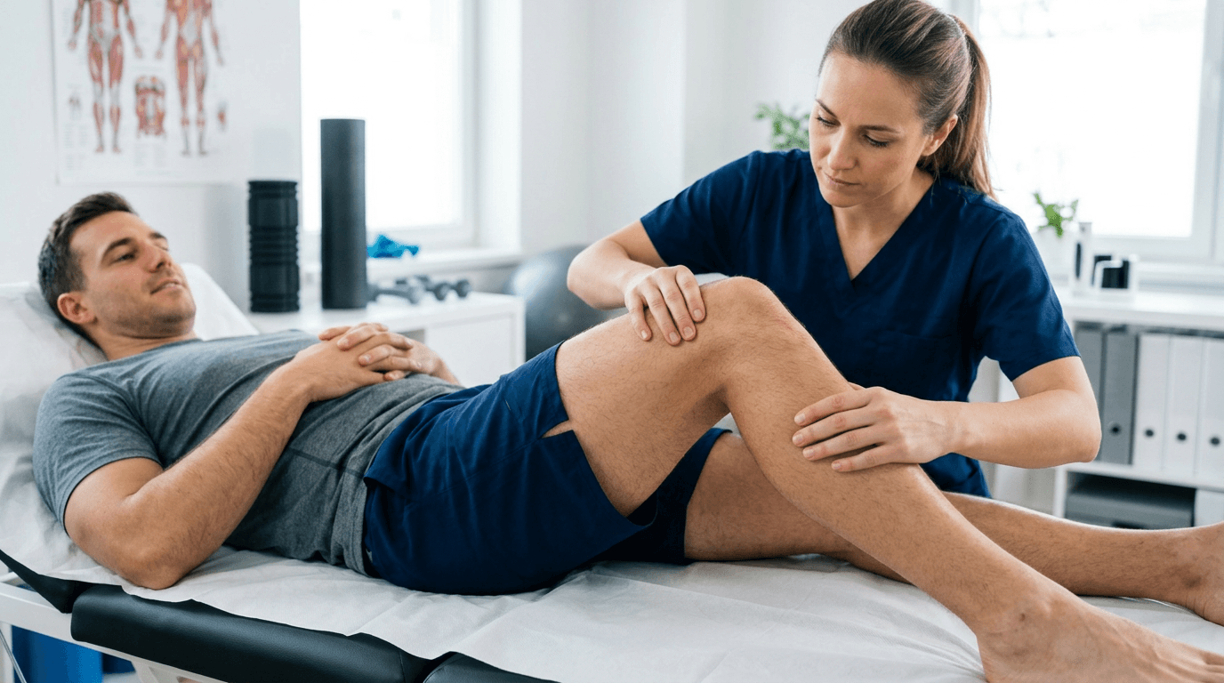 fisioterapeuta tocando rodilla